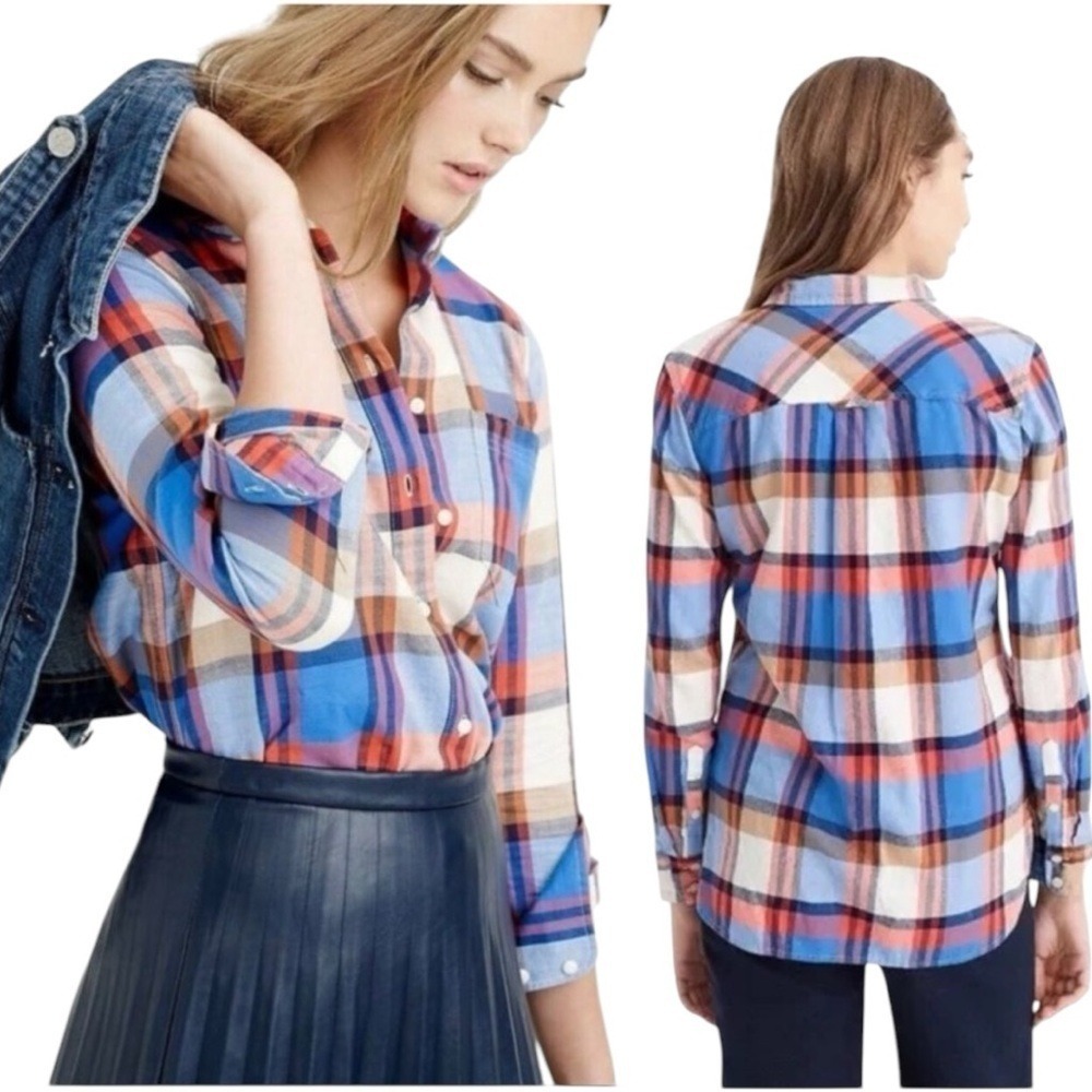 J. Crew Womens‎ Plaid Button Down Long Sleeve Casual Top Blue Red Brown Size 2P